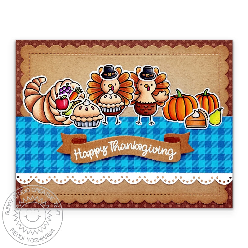 Sunny Studio Happy Thanksgiving Feast with Cornucopia & Pumpkin Pie Blue Gingham Fall Card using Turkey Day 4x6 Clear Stamps