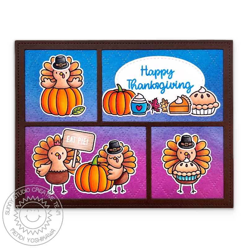 Sunny Studio Stamps Thanksgiving Turkeys, Pumpkins & Pie Comic Strip Fall Card using Dotted Diamond Landscape Background Die