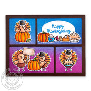 Sunny Studio Thanksgiving Pilgrim Turkeys, Pumpkins & Pie Comic Strip Style Fall Card (using Turkey Day 4x6 Clear Stamps)
