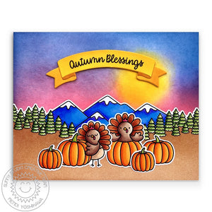 Sunny Studio Turkeys in Pumpkins with Mountains Thanksgiving Autumn Sunset Card (using Country Scenes Clear Stamps)