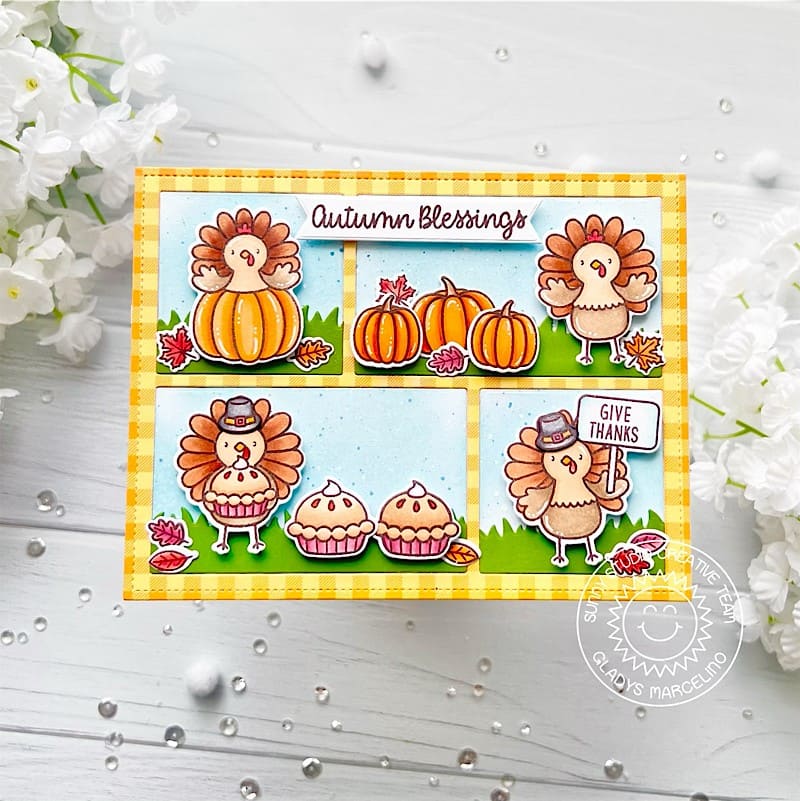 Sunny Studio Thanksgiving Pilgrim Turkeys, Pumpkins & Pie Comic Strip Gingham Fall Card (using Turkey Day 4x6 Clear Stamps)