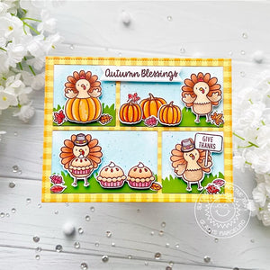 Sunny Studio Thanksgiving Pilgrim Turkeys, Pumpkins & Pie Comic Strip Gingham Fall Card (using Turkey Day 4x6 Clear Stamps)