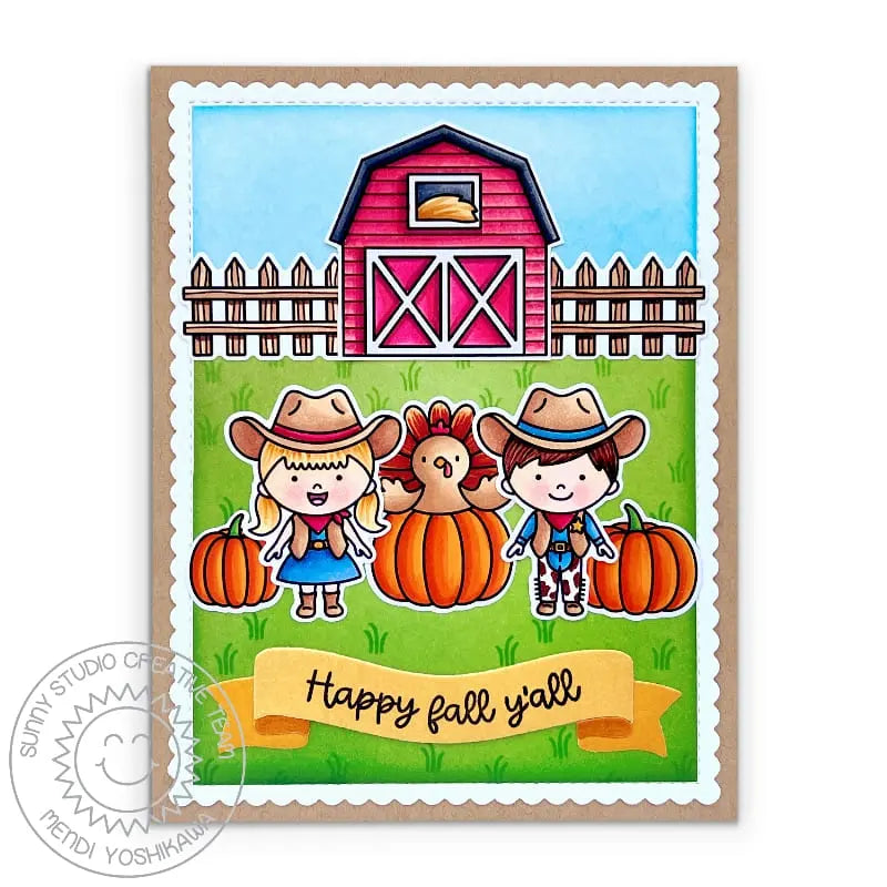 Sunny Studio Cowgirl & Cowboy with Turkey & Barn on the Farm Happy Fall Y'all Autumn Card using Barnyard Buddies Clear Stamp