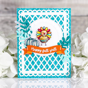 Sunny Studio Happy Fall Y'all Turkey Holding Pumpkin Pie Scalloped Lattice Autumn Card using Turkey Day Clear Stamps