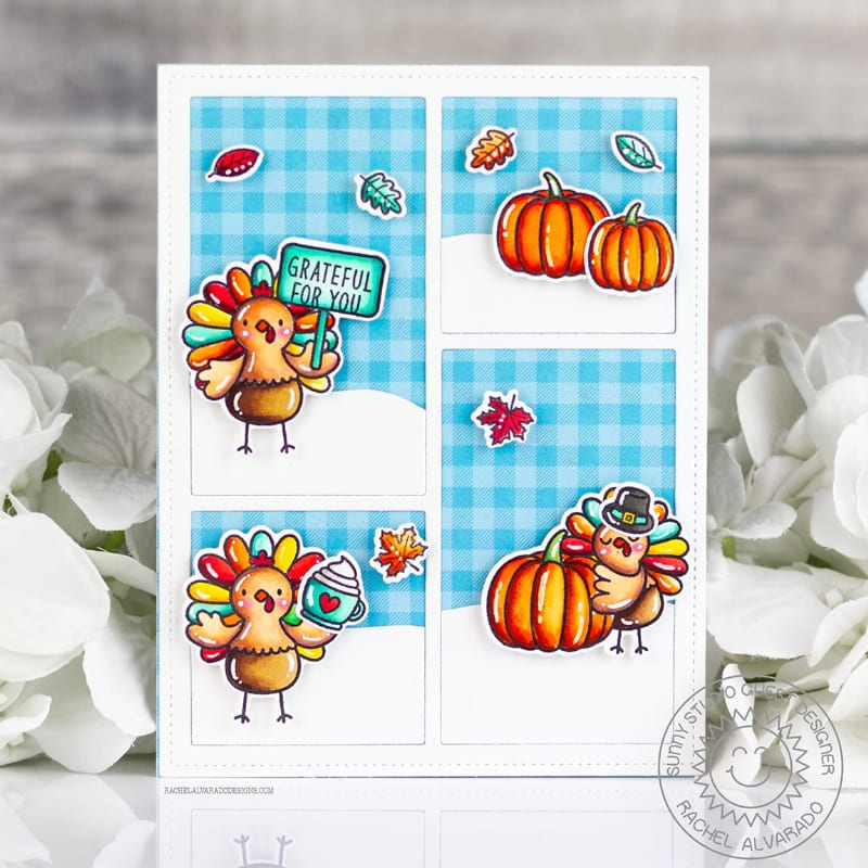 Sunny Studio Grateful For You Turkeys with Fall Pumpkins Blue Gingham Autumn Card using Turkey Day Clear Stamps