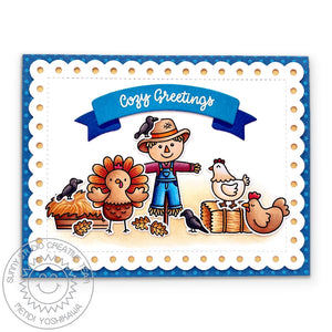 Sunny Studio Stamps Fall Scarecrow with Chickens & Turkey Scalloped Farm Card (using Brillant Banner 2 Metal Cutting Dies)