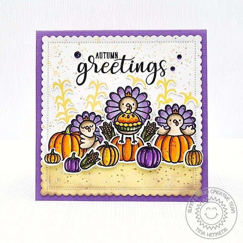 Sunny Studio Autumn Greetings Turkeys with Pumpkins & Corn Stalks Purple Square Fall Card (using Turkey Day Clear Stamps)