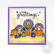 Sunny Studio Turkeys with Pumpkins & Corn Stalks Purple Square Fall Card (using Autumn Greetings 3x4 Clear Sentiment Stamps)