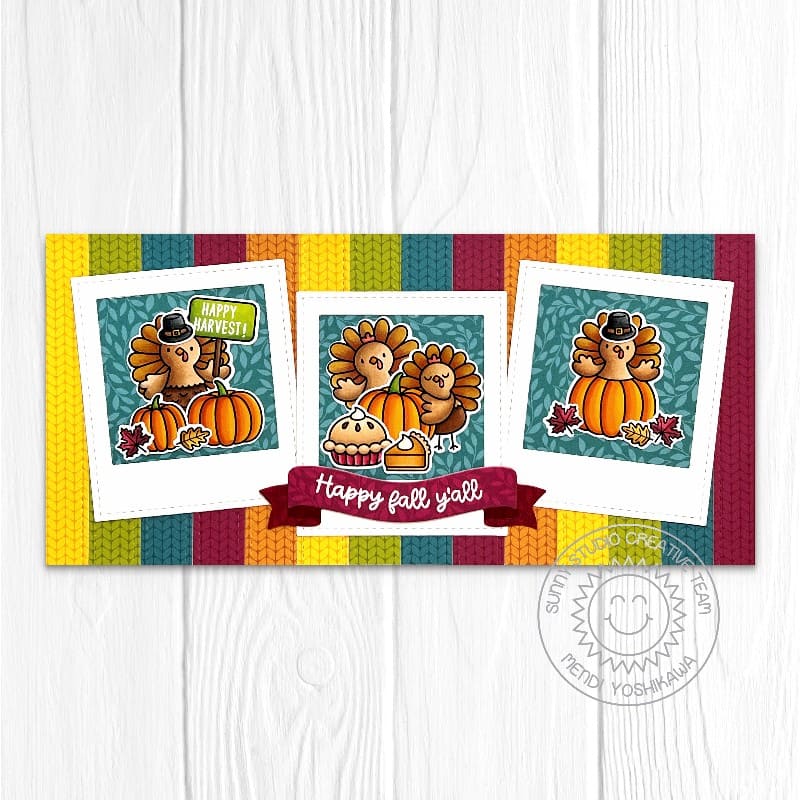Sunny Studio Happy Fall Y'all Autumn Turkey Thanksgiving Polaroids Handmade Slimline Card using Turkey Day Clear Craft Stamps