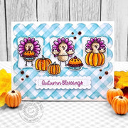 Sunny Studio Stamps Autumn Blessings Turkey Blue Gingham Thanksgiving Card using Wonky Windows Metal Cutting Craft Dies