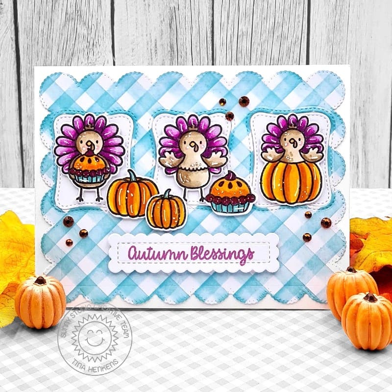 Sunny Studio Stamps Autumn Blessings Turkey Blue Gingham Thanksgiving Card using Wonky Windows Metal Cutting Craft Dies