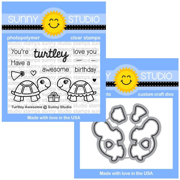 Sunny Studio Turtley Awesome 2x3 Punny Turtle Boy & Girl Clear Photopolymer Stamps & Metal Cutting Craft Dies Set