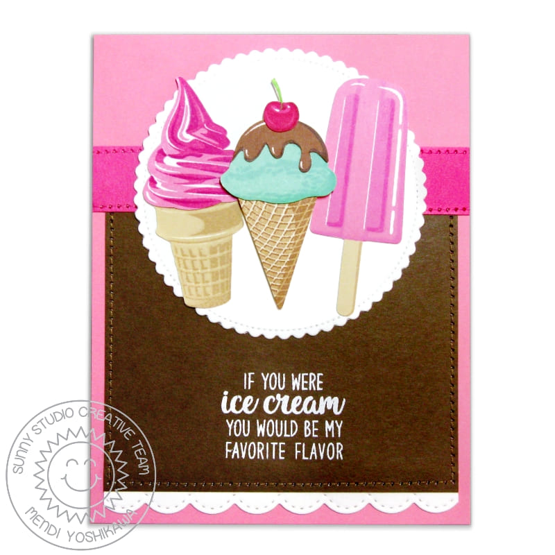 Sunny Studio Two Scoops & Perfect Popsicle Favorite Flavor Summer Ice Cream Cone Card using Clear Layering Craft Stamps