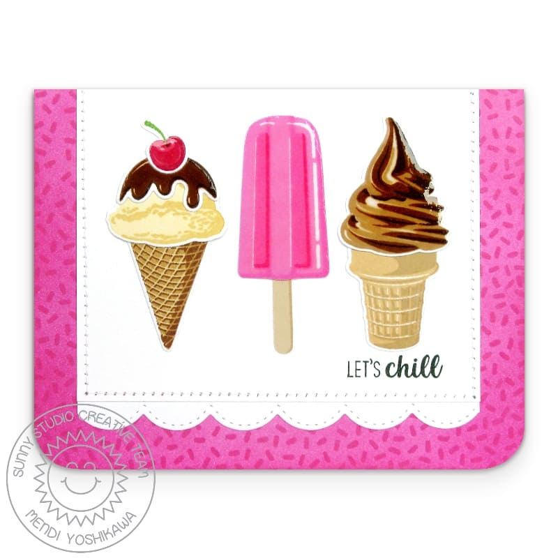 Sunny Studio Hot Pink Sprinkles Two Scoops & Perfect Popsicles Ice Cream Cone Summer Card using clear layering craft stamps