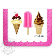Sunny Studio Let's Chill Ice Cream Cone & Hot Pink Popsicle Scalloped Summer Card using Stitched Scallop Border Craft Dies