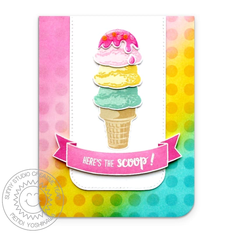 Sunny Studio Two Scoops Here's The Scoop Triple Ice Cream Cone Polka-dot Summer Card using Clear Layering Craft Stamps