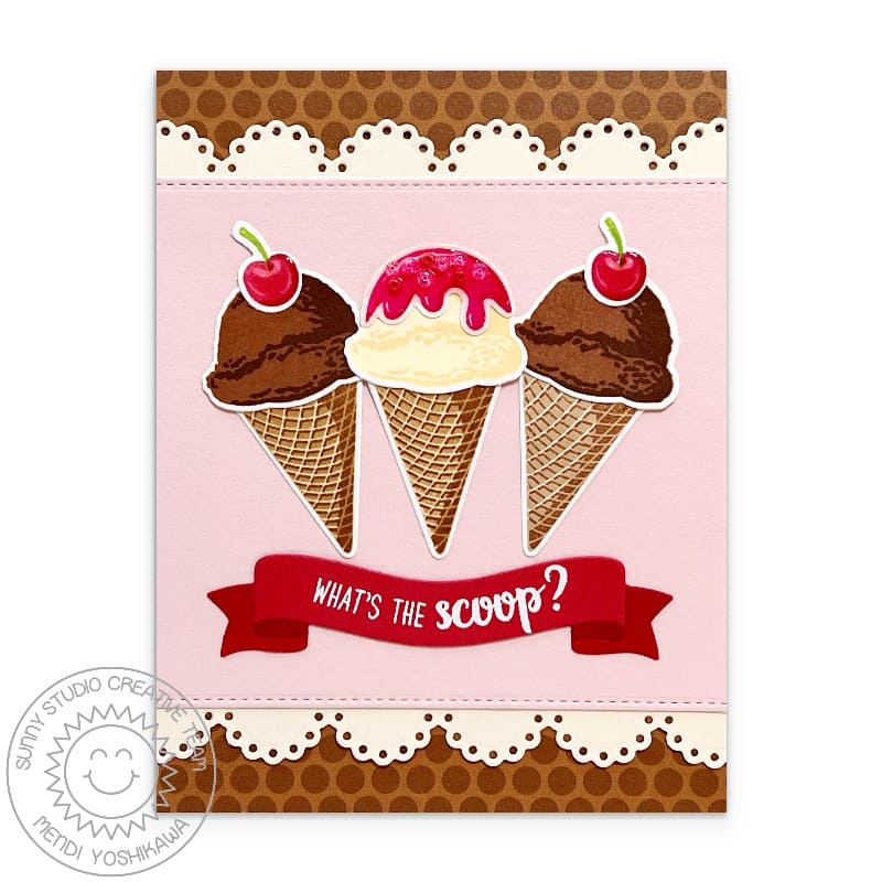 Sunny Studio Stamps What's the Scoop? Summer Ice Cream Cone Scalloped Card using Dots & Stripes Jewel Tones 6x6 Paper Pad