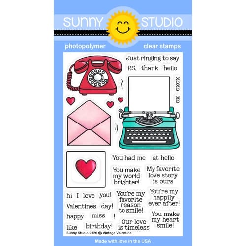 Sunny Studio Typewriter, Telephone, & Letter Vintage Valentine 4x6 Clear Craft Stamps SSCL-401