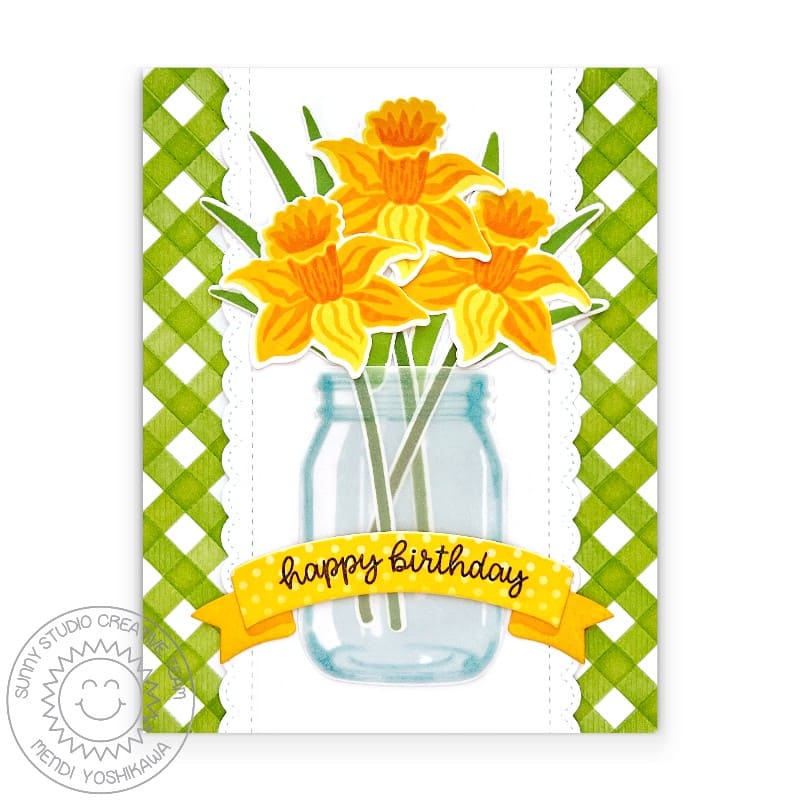 Sunny Studio Floral Daffodil Spring Flowers Green Gingham Birthday Card using Spring Bouquet Layering Clear Craft Stamps