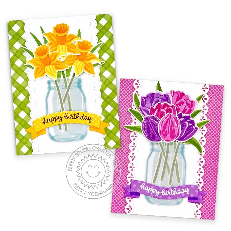 Sunny Studio Floral Daffodils & Tulips Spring Flower Bouquet Birthday Cards using Happy Thoughts Sentiment Clear Craft Stamps