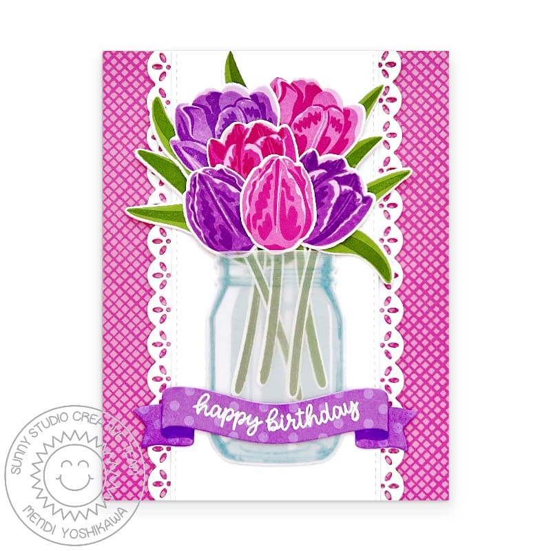 Sunny Studio Hot Pink Floral Tulip Spring Flower Bouquet Birthday Card using Background Basics 2 Clear 6x6 Craft Stamps