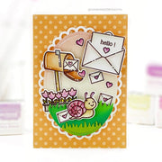 Sunny Studio Snail, Flowers & Mailbox Scalloped Oval Valentine's Day Spring Hello Card using Snail Mail Clear Craft Stamps
