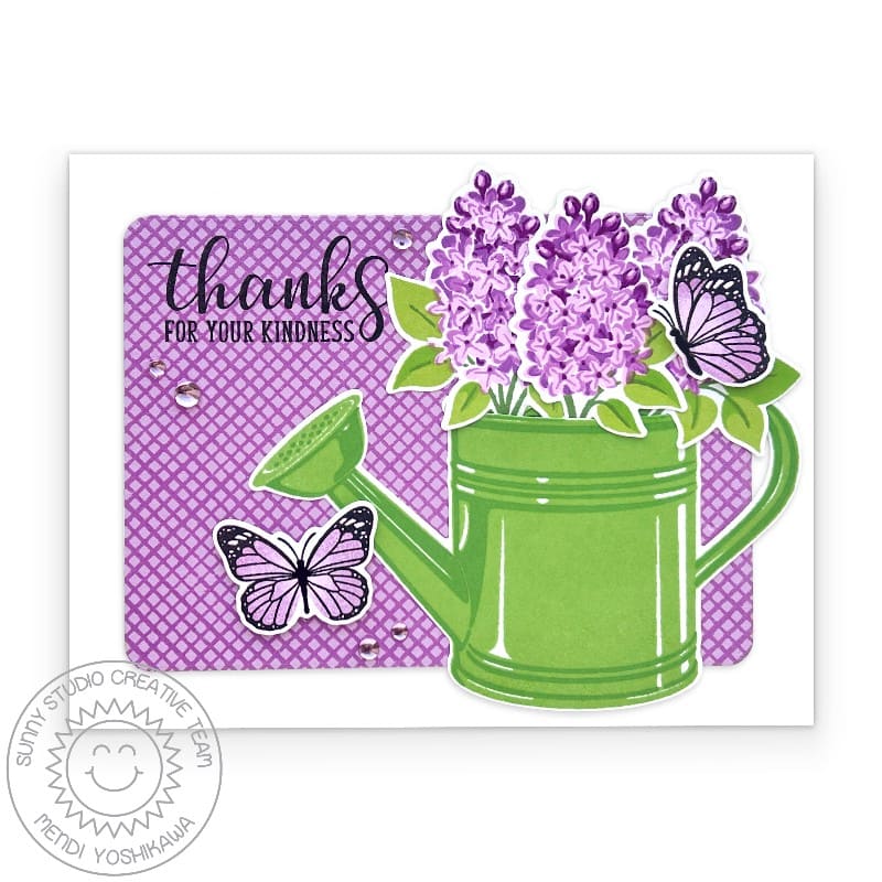 Sunny Studio Floral Spring Bouquet in Green Watering Can, Thank You Card using Lovely Lilacs Clear Layering Craft Stamps