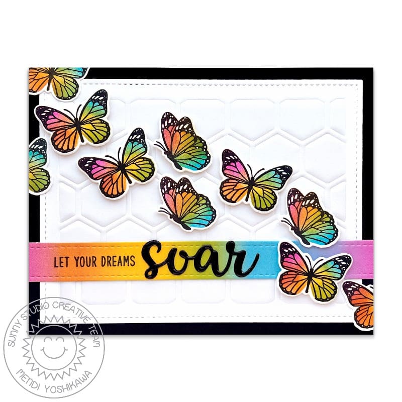 Sunny Studio Stamps Rainbow Butterfly Butterflies Let Your Dreams Soar Embossed Card using Frilly Frames Hexagon Craft Dies
