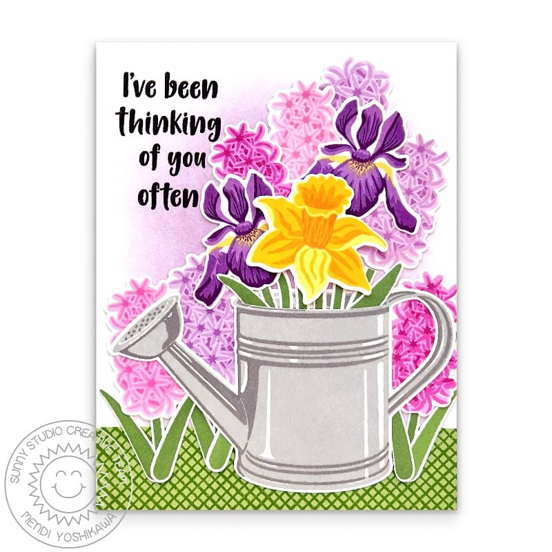 Sunny Studio Daffodils, Iris & Hyacinths Flowers in Watering Can Thinking of You Card using Spring Bouquet Clear Craft Stamps