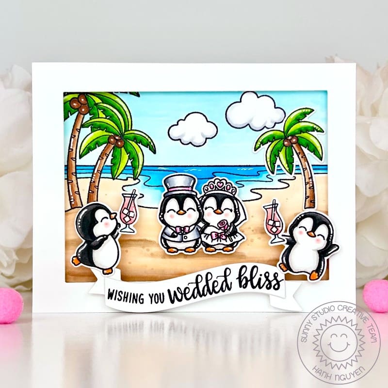 Sunny Studio Bride & Groom Penguin Beach & Palm Trees Oceanside Summer Wedding Card using Wedded Bliss 2x3 Clear Craft Stamps