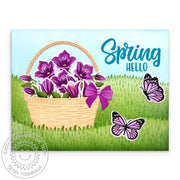 Sunny Studio Purple Floral Flowers in Basket with Butterfly Spring Hello Card using Beautiful Bluebells Clear Layering Stamps