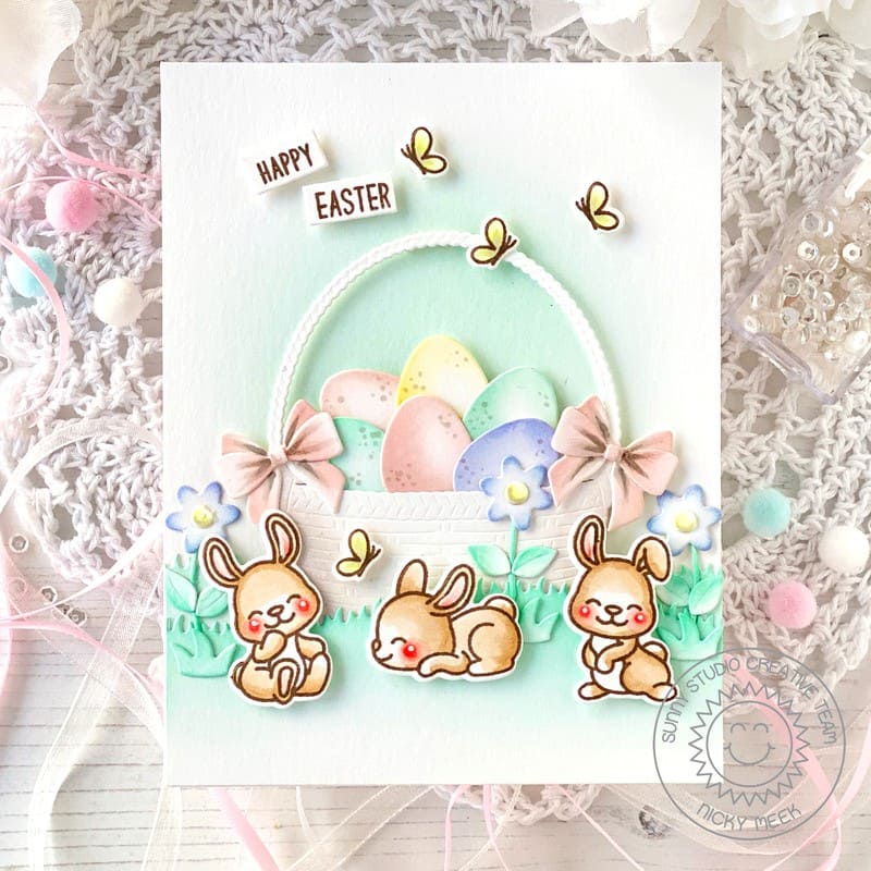 Sunny Studio Stamps Bunny Rabbits with Basket of Eggs Happy Easter Spring Card using Wicker Basket Metal Cutting Craft Dies