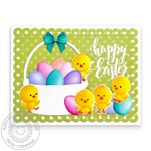 Sunny Studio Stamps Chicks with Easter Eggs Green Polka-dot Scalloped Spring Card using Wicker Basket Metal Cutting Dies