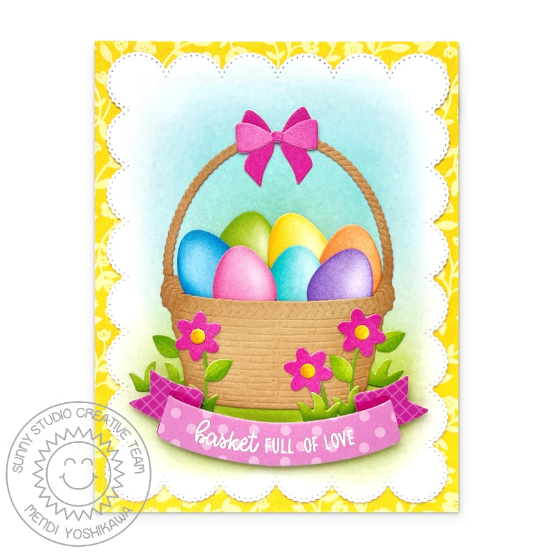 Sunny Studio Stamps Basket Full of Love Colorful Easter Eggs Scalloped Spring Card using Wicker Basket Metal Cutting Dies
