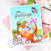 Sunny Studio Bunnies with Easter Basket, Eggs & Candy on Brick Patio Spring Card using Sprawling Surfaces Clear Craft Stamps