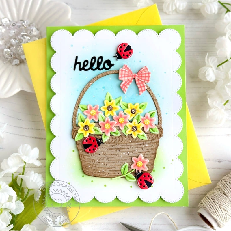 Sunny Studio Stamps Spring Flowers in Basket with Ladybugs Scalloped Hello Card using Basic Mini Shape Dies 4 Craft Dies