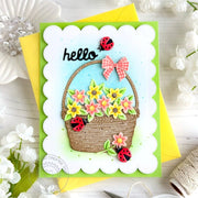 Sunny Studio Stamps Spring Flowers in Basket with Ladybugs Scalloped Hello Card using Wicker Basket Metal Cutting Craft Dies