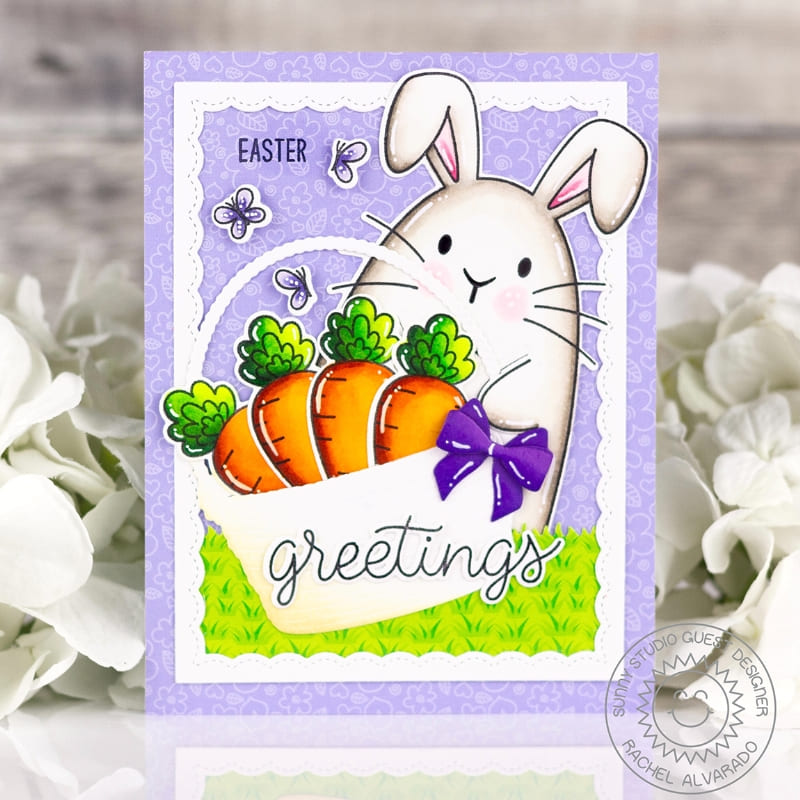 Sunny Studio Stamps Easter Greetings Bunny With Basket of Carrots Lavender Scalloped Spring Card using Wicker Basket Dies