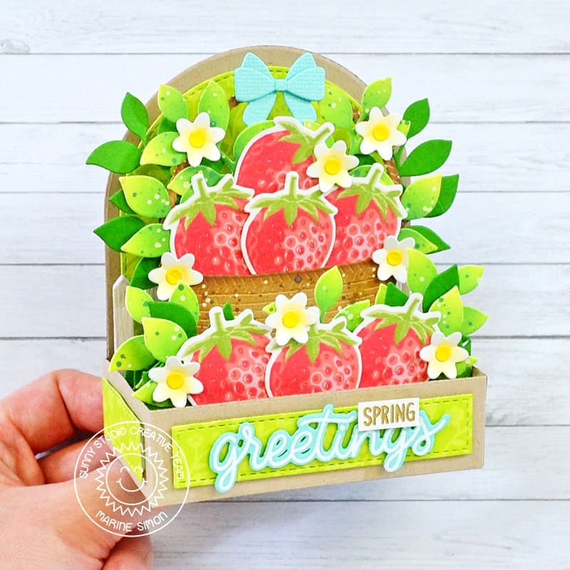 Sunny Studio Stamps Strawberry Strawberries in Basket Spring Greetings Pop-up Box Card using Wicker Basket Metal Craft Dies