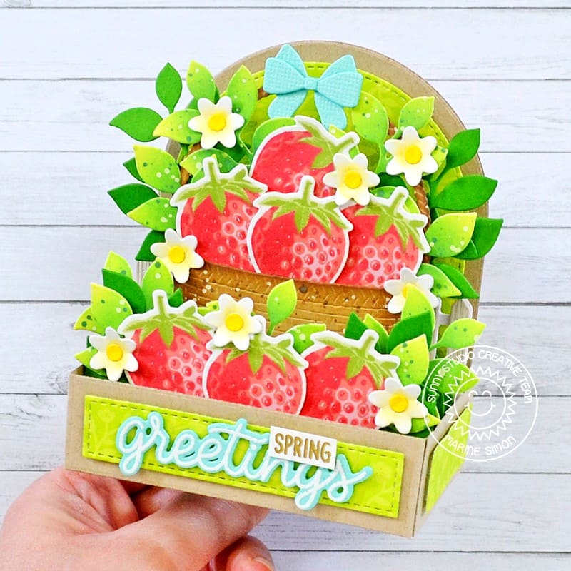 Sunny Studio Strawberry Strawberries in Basket Spring Greetings Pop-up Box Card using Berry Bliss Clear Layering Craft Stamps
