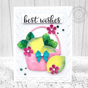 Sunny Studio Stamps Lemon Basket Scalloped Summer Best Wishes Card using Frilly Frames Eyelet Lace Metal Cutting Craft Dies