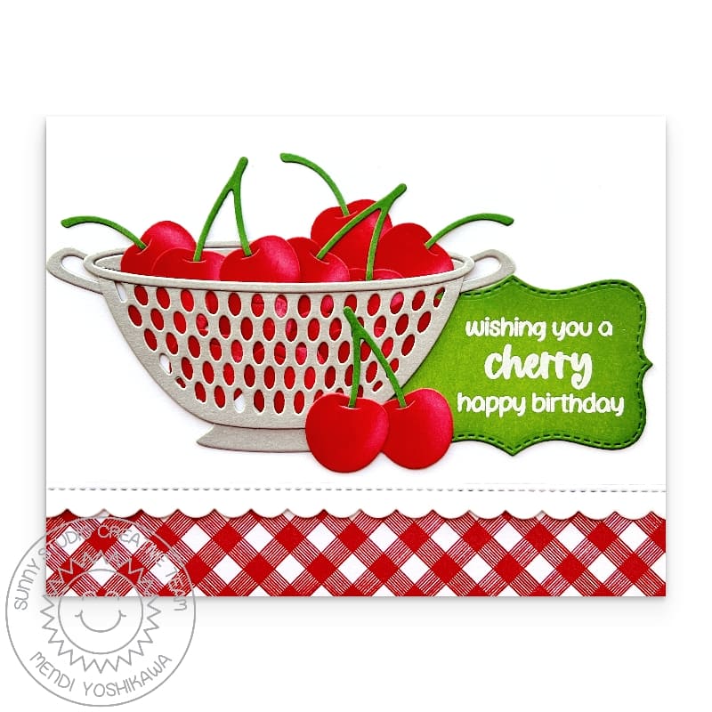 Sunny Studio Stamps Cherry Happy Birthday Cherries in Colander Red Gingham Summer Card using Build-A-Bowl Metal Craft Dies