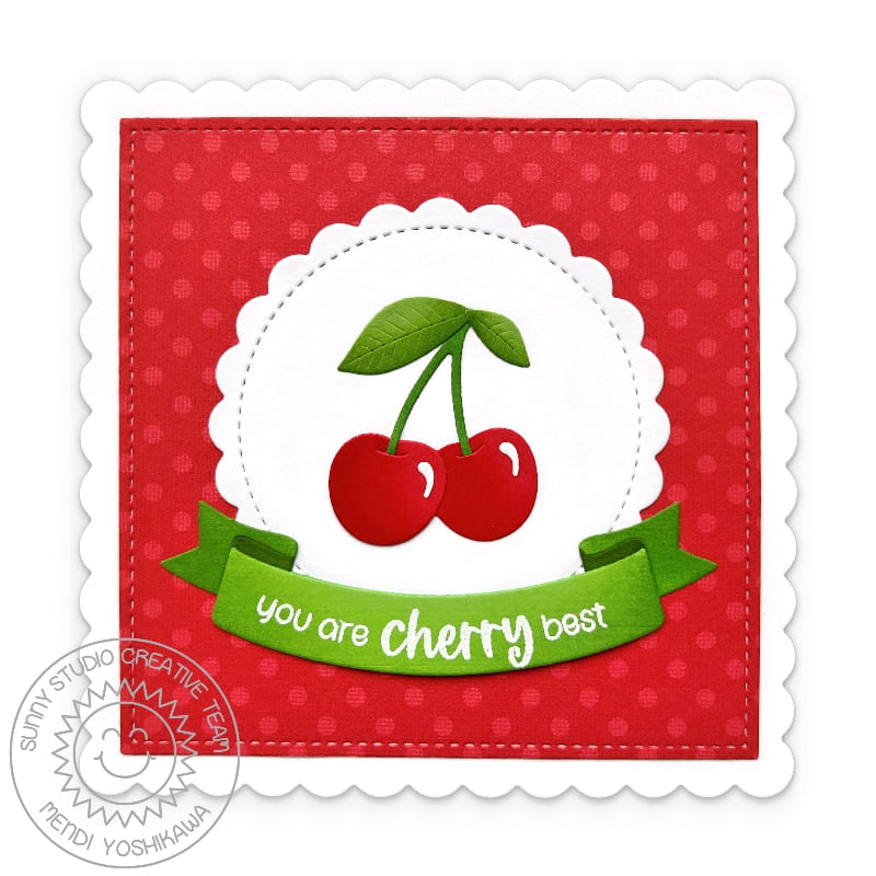 Sunny Studio Stamps You Are The Cherry Best Red Polka-dot Punny Cherries Scalloped Card using Wild Cherry Metal Craft Dies