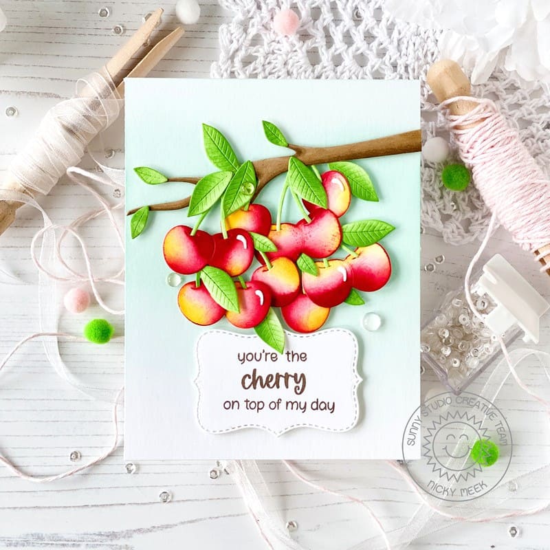 Sunny Studio Stamps You're the Cherry On Top of My Day Cherries on Tree Branch Summer Card using Limitless Labels 1 Craft Die