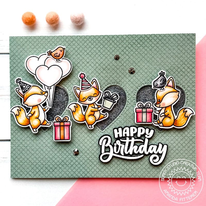 Sunny Studio Stamps Fox with Stitched Hearts Birthday Card using Window Trio Heart Landscape Metal Cutting Craft Dies