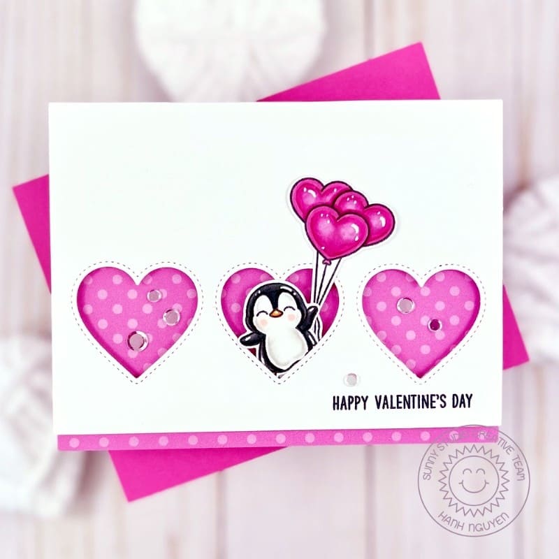 Sunny Studio Stamps Penguin with Hot Pink Balloons Valentine's Day Card using Window Trio Heart Landscape Metal Craft Dies