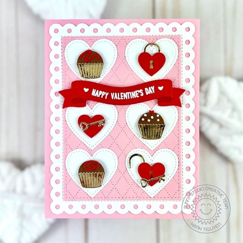 Sunny Studio Stamps Chocolate BonBon, Lock, Key Valentine's Day Card using Window Trio Heart Portrait & Landscape Craft Dies