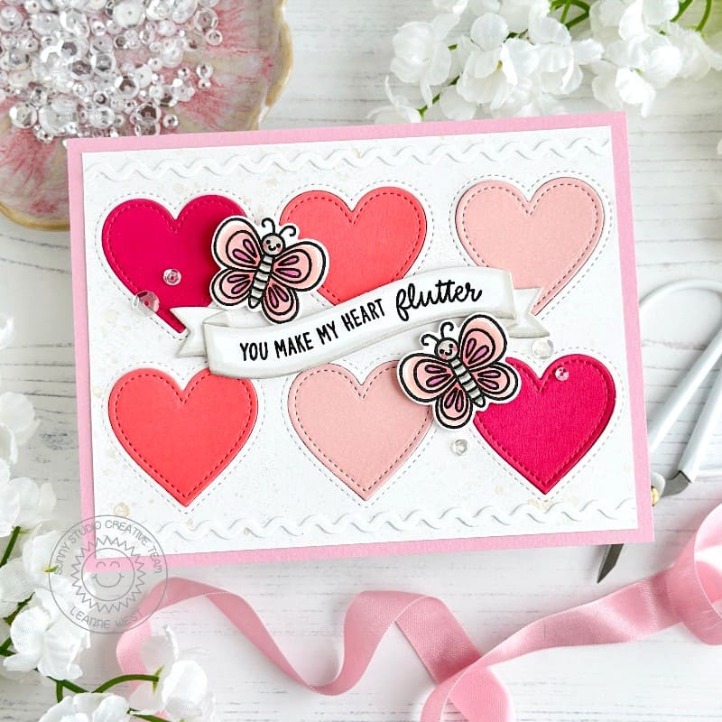 Sunny Studio You Make My Heart Flutter Butterfly Heart Grid Valentine's Day Card using Garden Critters Clear Craft Stamps