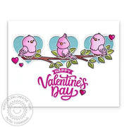 Sunny Studio Pink Love Birds on Tree Branch Stitched Heart Valentine's Day Card using My Heart Clear Sentiment Craft Stamps