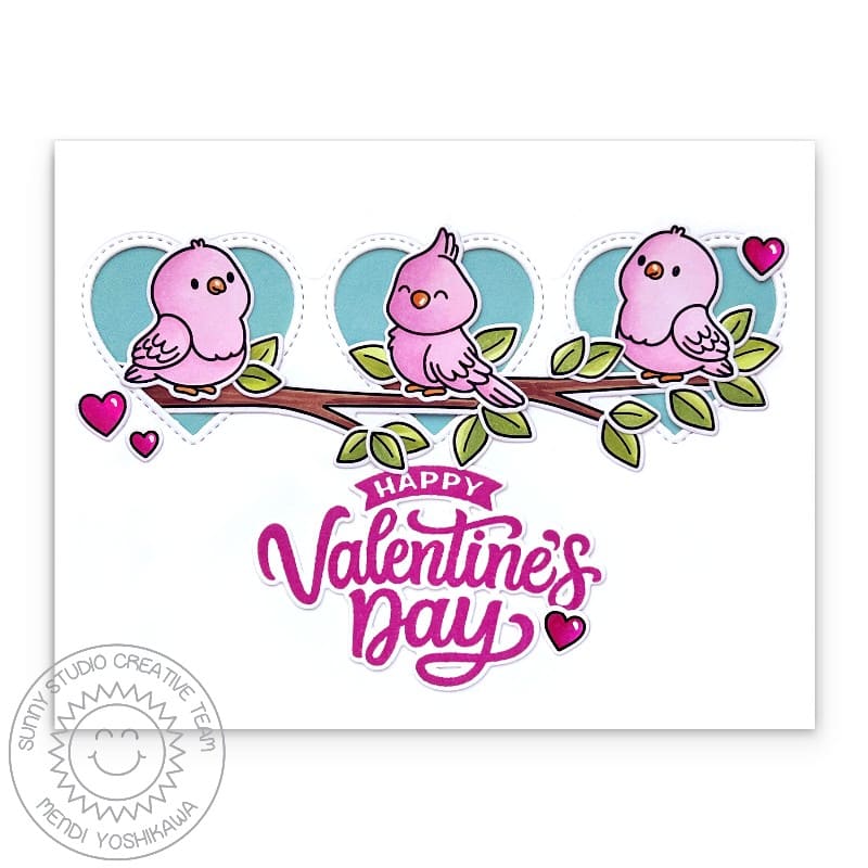 Sunny Studio Pink Love Birds on Tree Branch Stitched Heart Valentine's Day Card using My Heart Clear Sentiment Craft Stamps